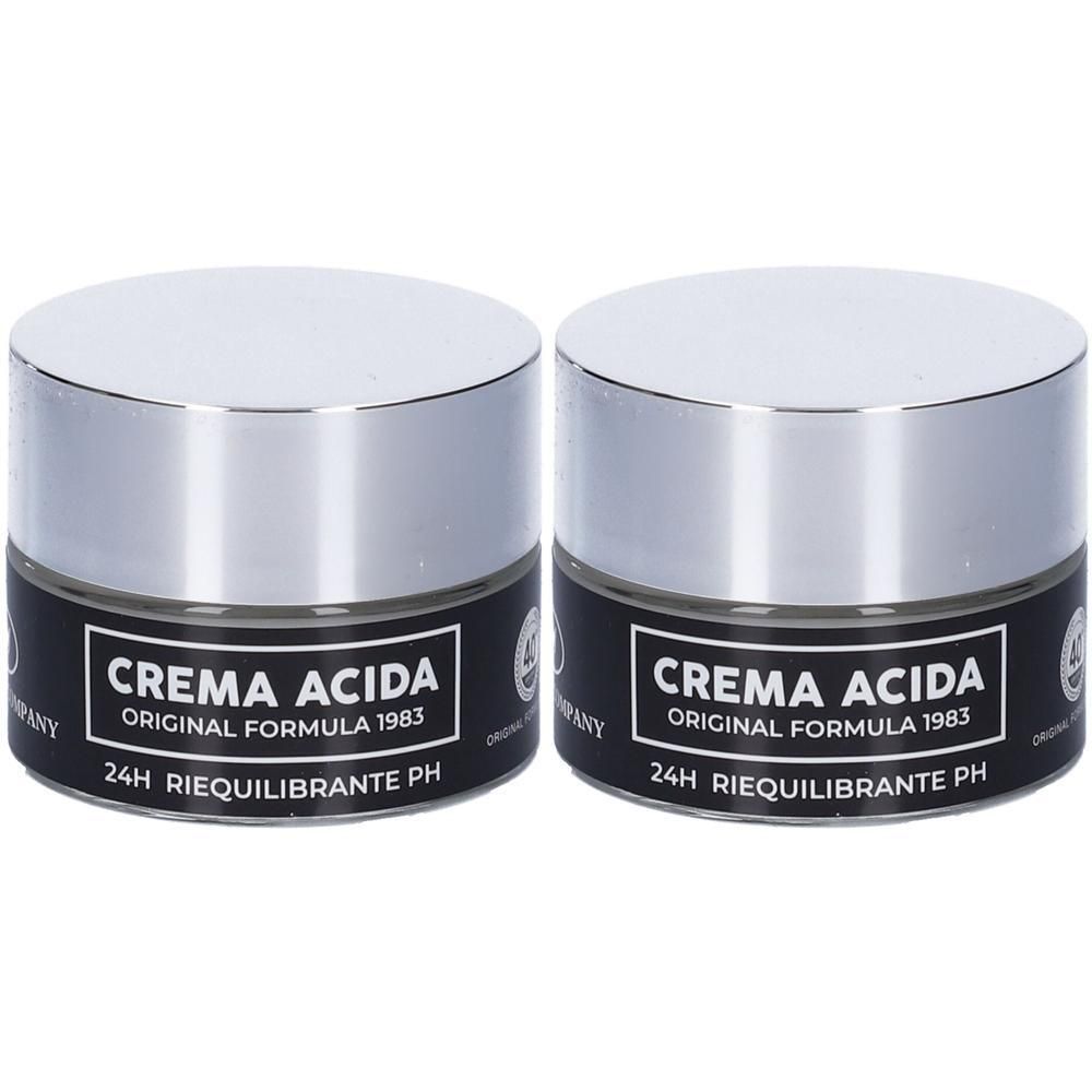 Due vasetti con tappi argentati, etichettati 'Crema Acida Original Formula 1983 24H Riequilibrante PH'.