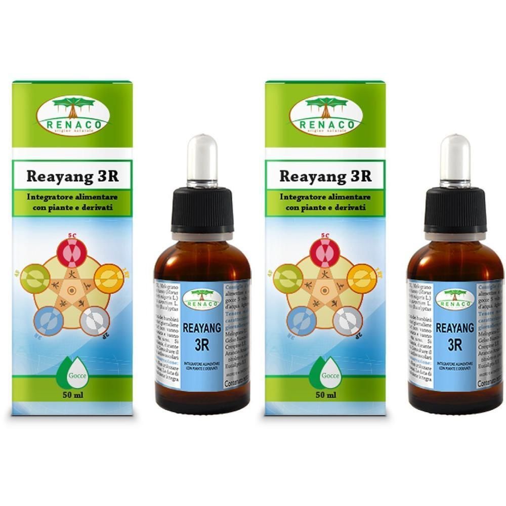 Due flaconcini con contagocce e scatole per Reayang 3R, integratore alimentare liquido.