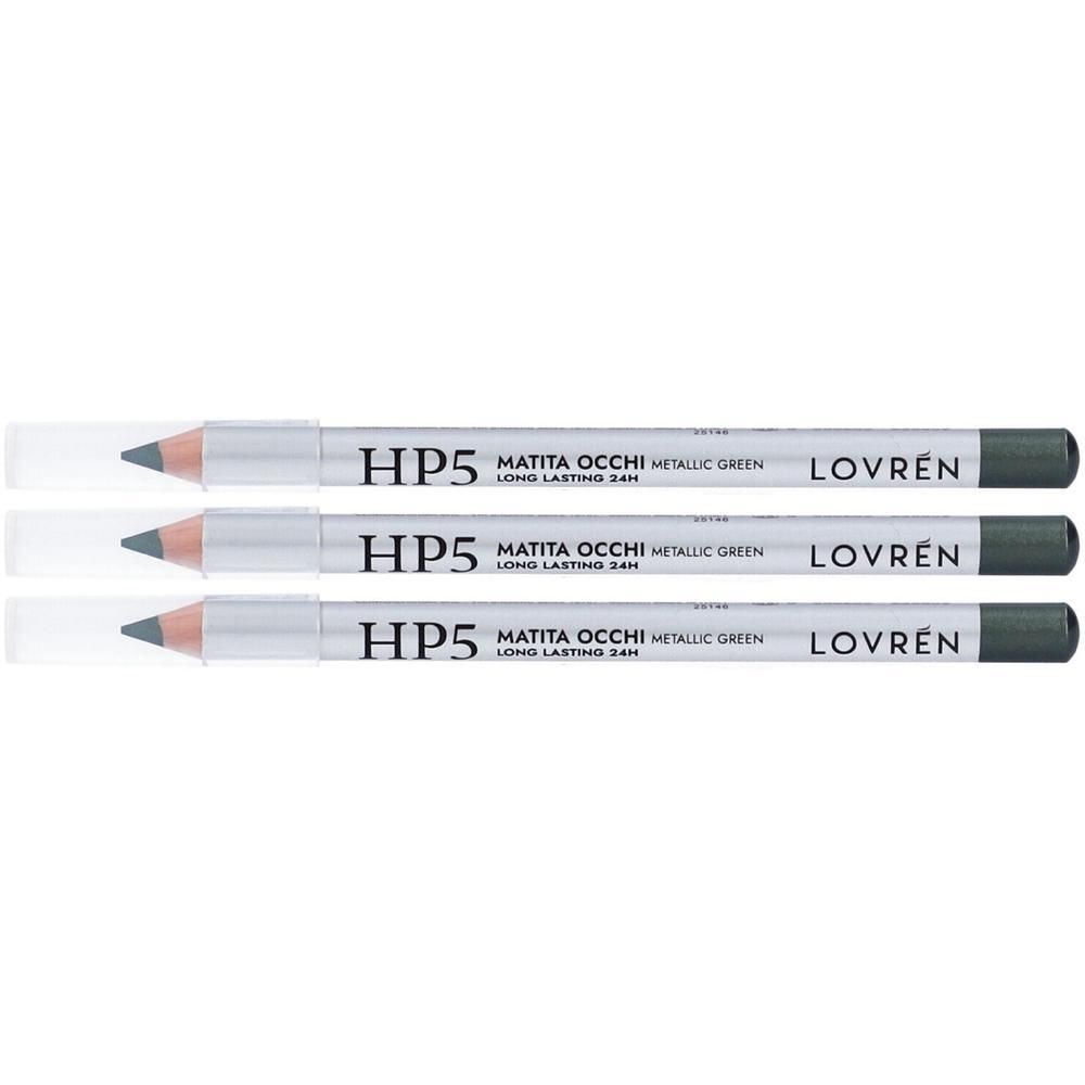 Tre matite occhi verdi con corpo argentato e cappuccio trasparente. Marca: LOVRÉN.