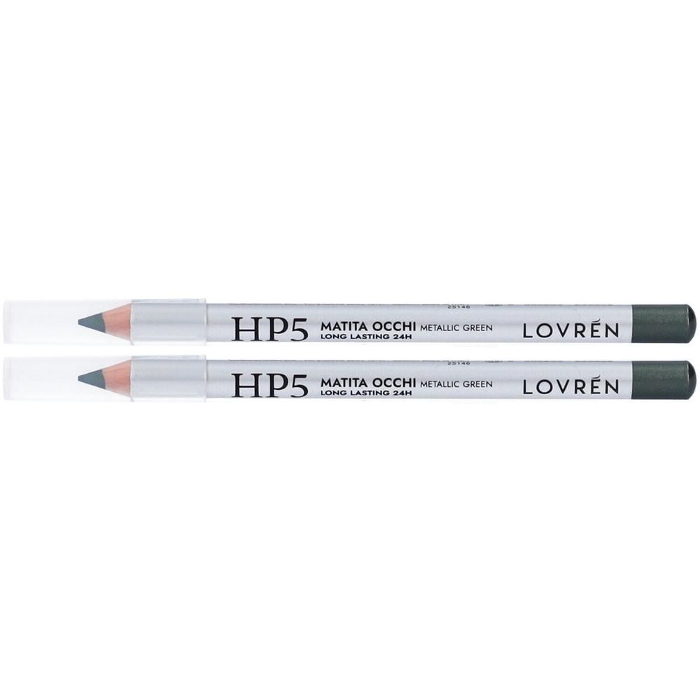 Due matite occhi argentate con cappuccio argentato, etichettate 'HP5 MATITA OCCHI METALLIC GREEN LONG LASTING 24H LOVRÉN'.