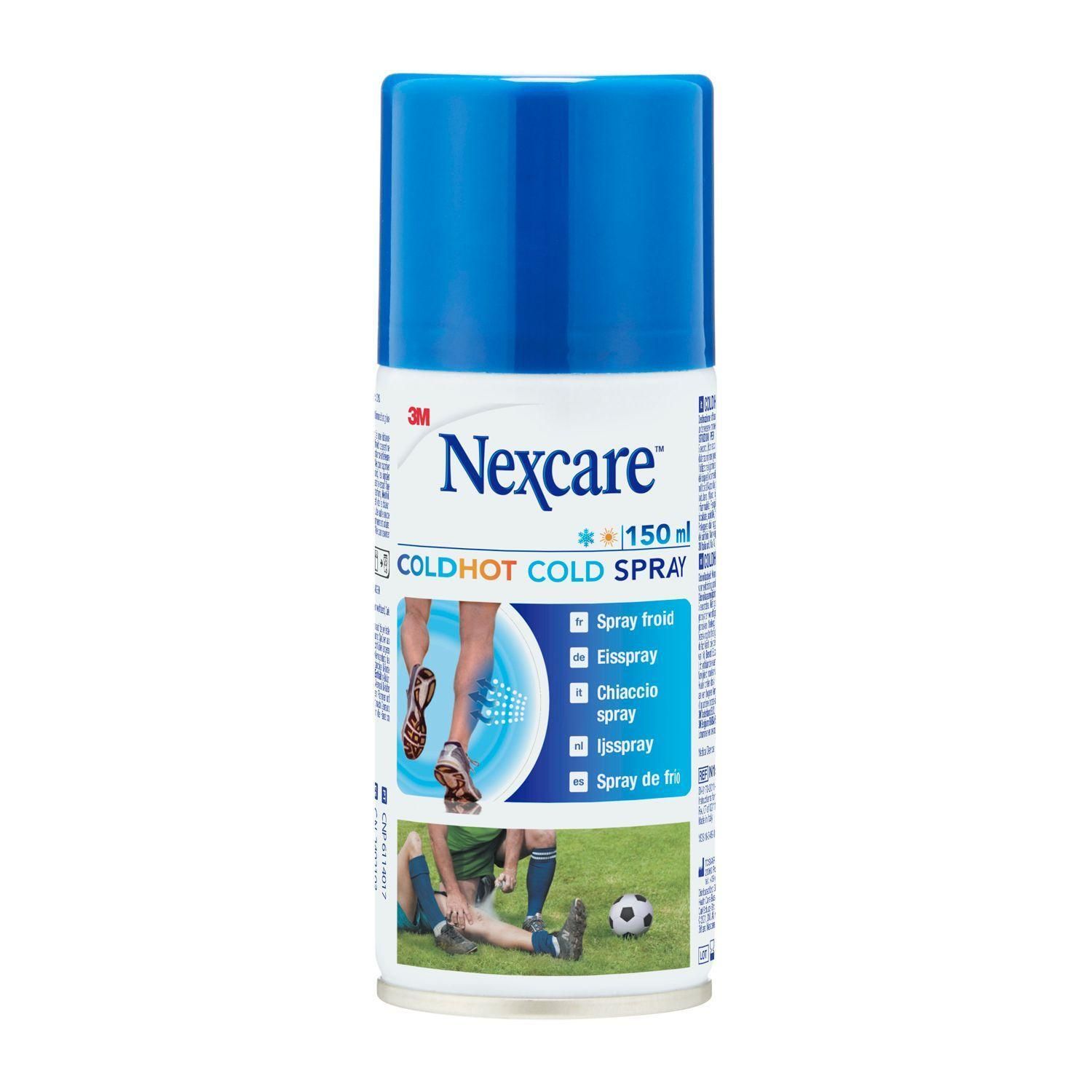 Bomboletta spray Nexcare ColdHot Cold Spray con tappo blu. 150 ml. Immagine di atleti infortunati.