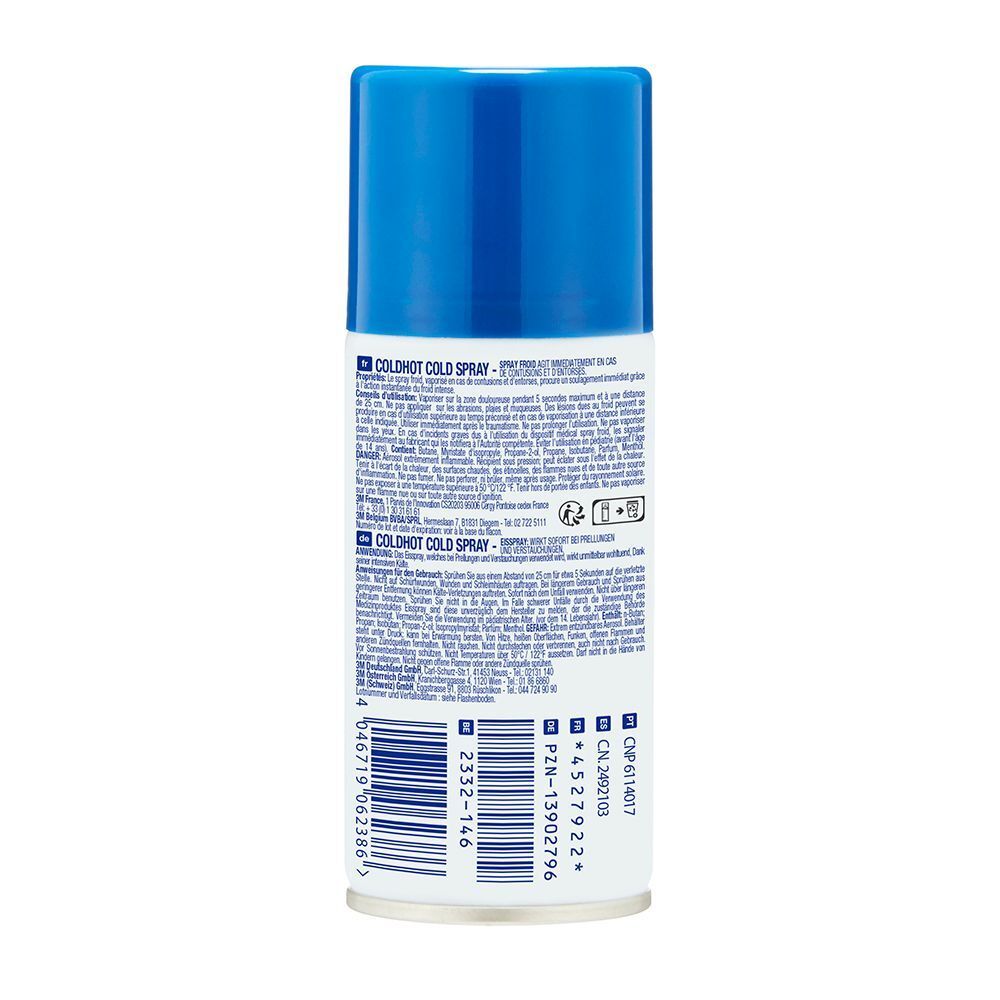 Retro della bomboletta spray Nexcare ColdHot Cold Spray con codice a barre e informazioni sul prodotto.