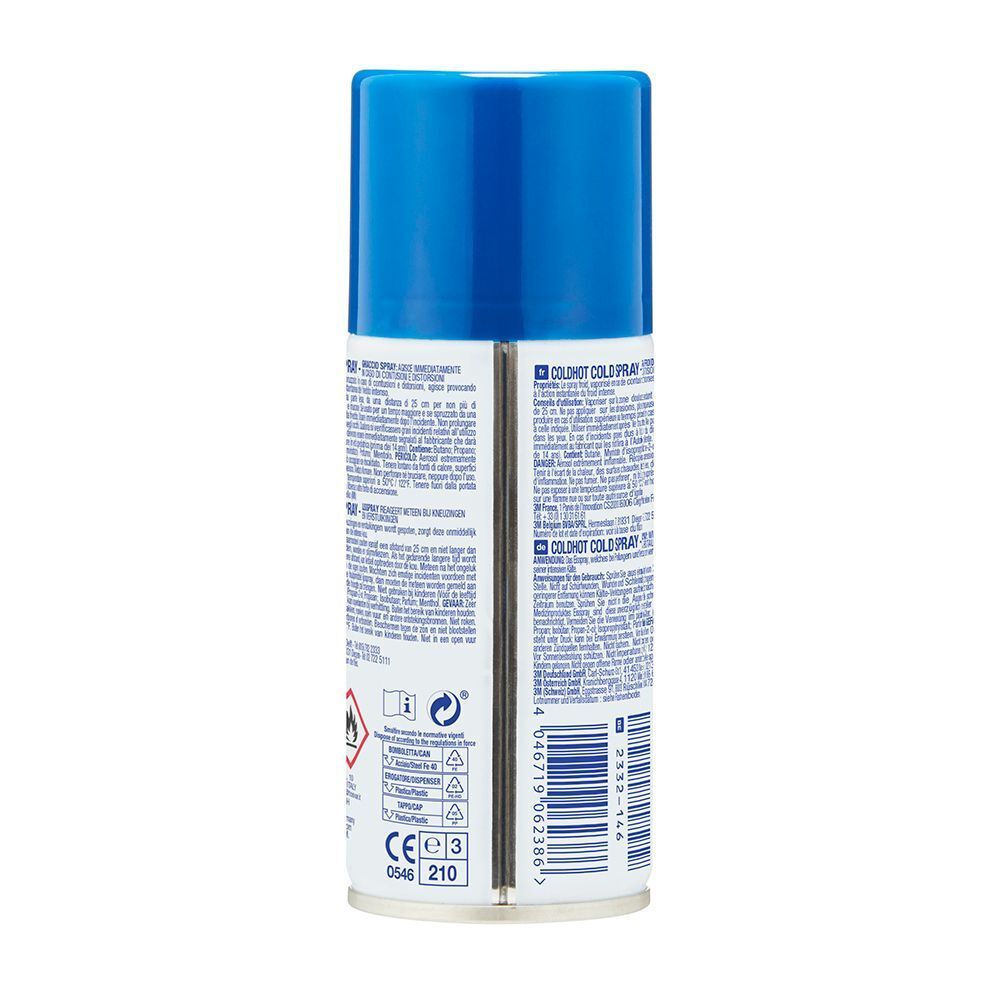 Retro della bomboletta spray Nexcare ColdHot Cold Spray con simboli di avvertenza, marcatura CE e codice a barre.