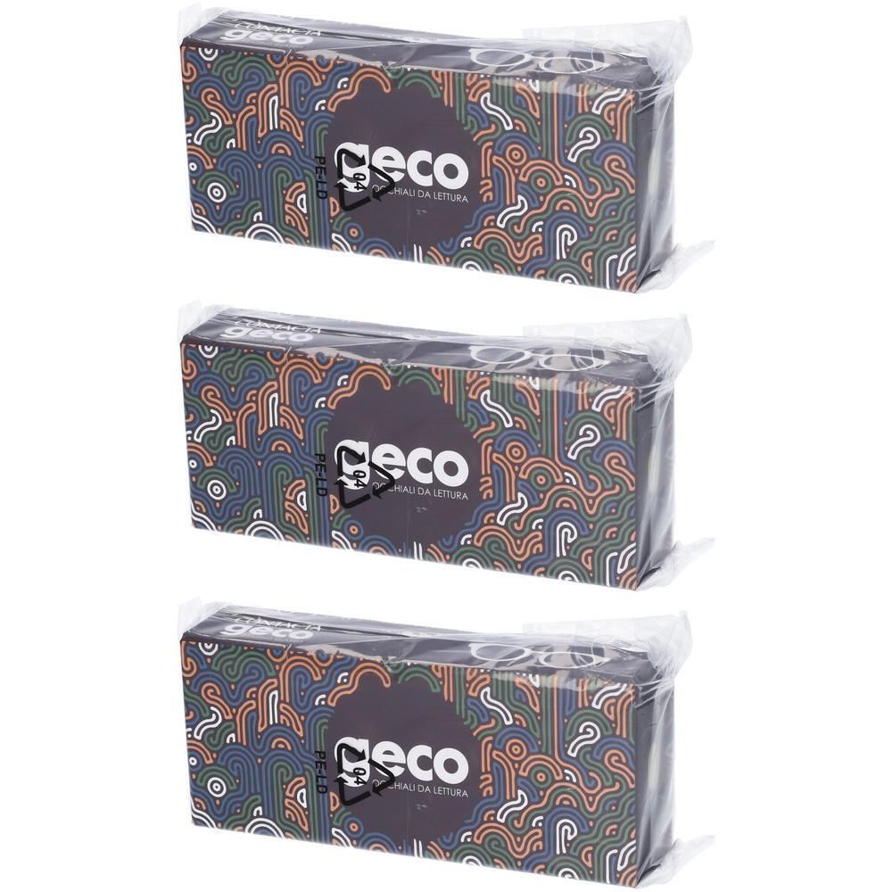 Tre confezioni di lenti a contatto con logo Geco e motivo geometrico, sigillate singolarmente in plastica.