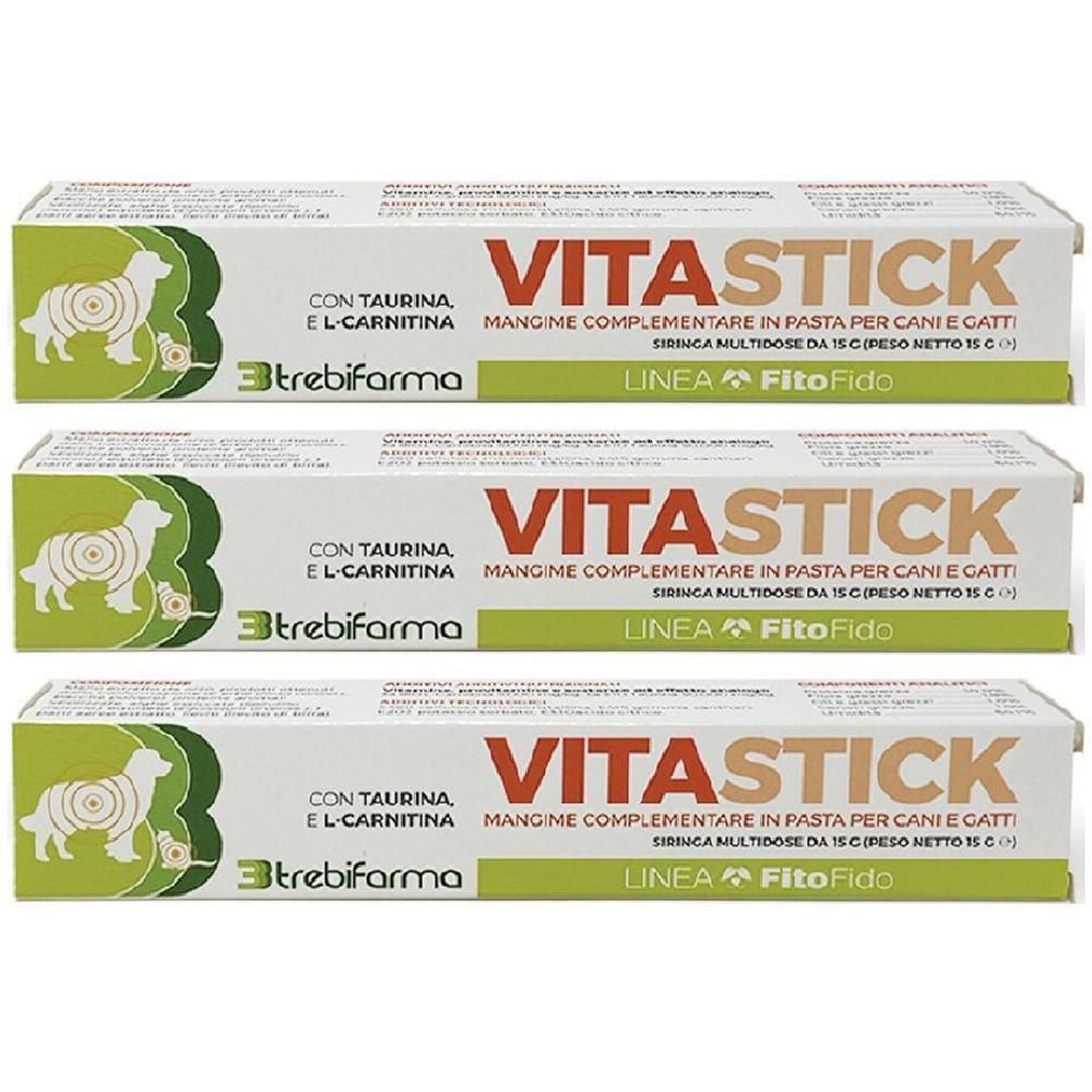 Tre confezioni di 3trebifarma Vitastick mangime complementare per cani e gatti.
