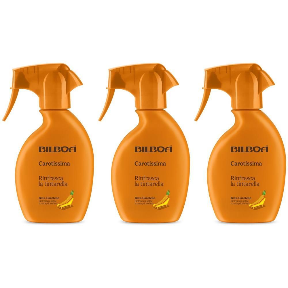 Tre flaconi spray arancioni Bilboa Carotissima.