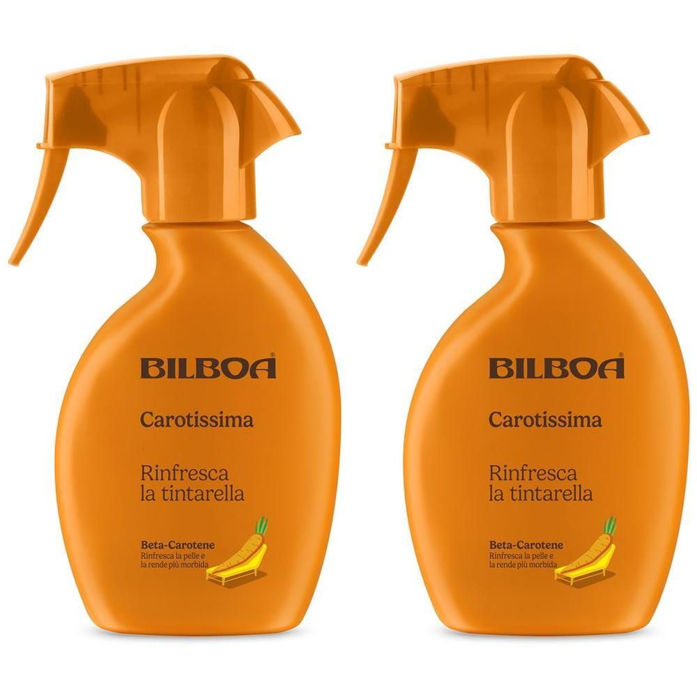 Due flaconi spray arancioni con scritta Bilboa Carotissima e simbolo di carota.