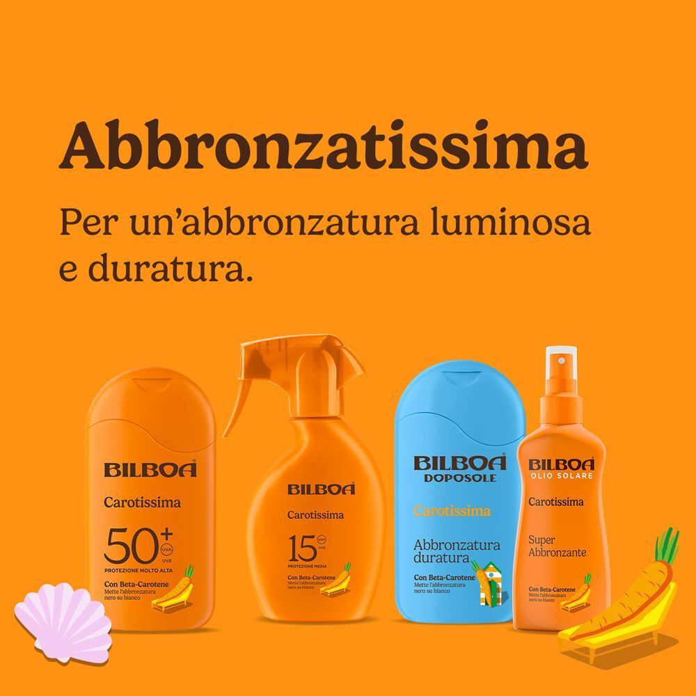 Quattro prodotti Bilboa Carotissima, tra cui solari e doposole, con simboli di carota.