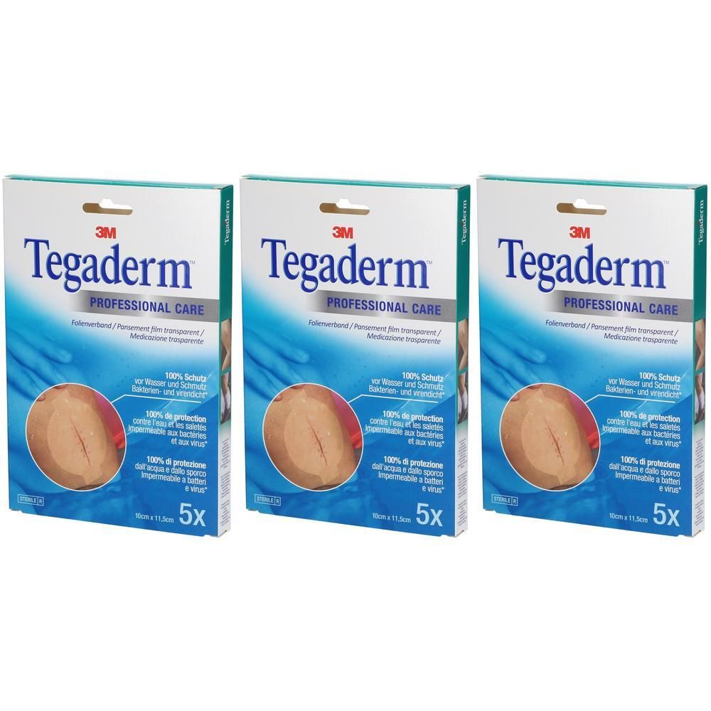 Tre confezioni di medicazioni trasparenti 3M Tegaderm. Ogni confezione contiene 5 medicazioni.