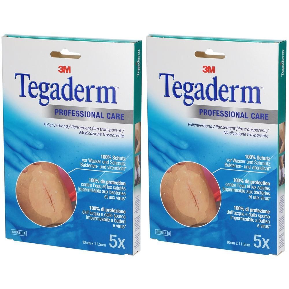 Due confezioni di medicazioni film 3M Tegaderm, 10 x 11,5 cm, 5 medicazioni per confezione.