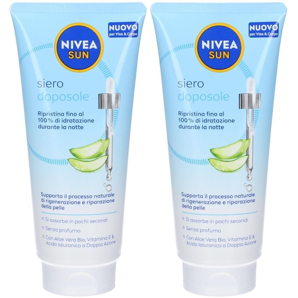 Due flaconi di siero doposole Nivea Sun con Aloe Vera e Vitamina E. Confezione azzurra con illustrazione di applicatore a pipetta.