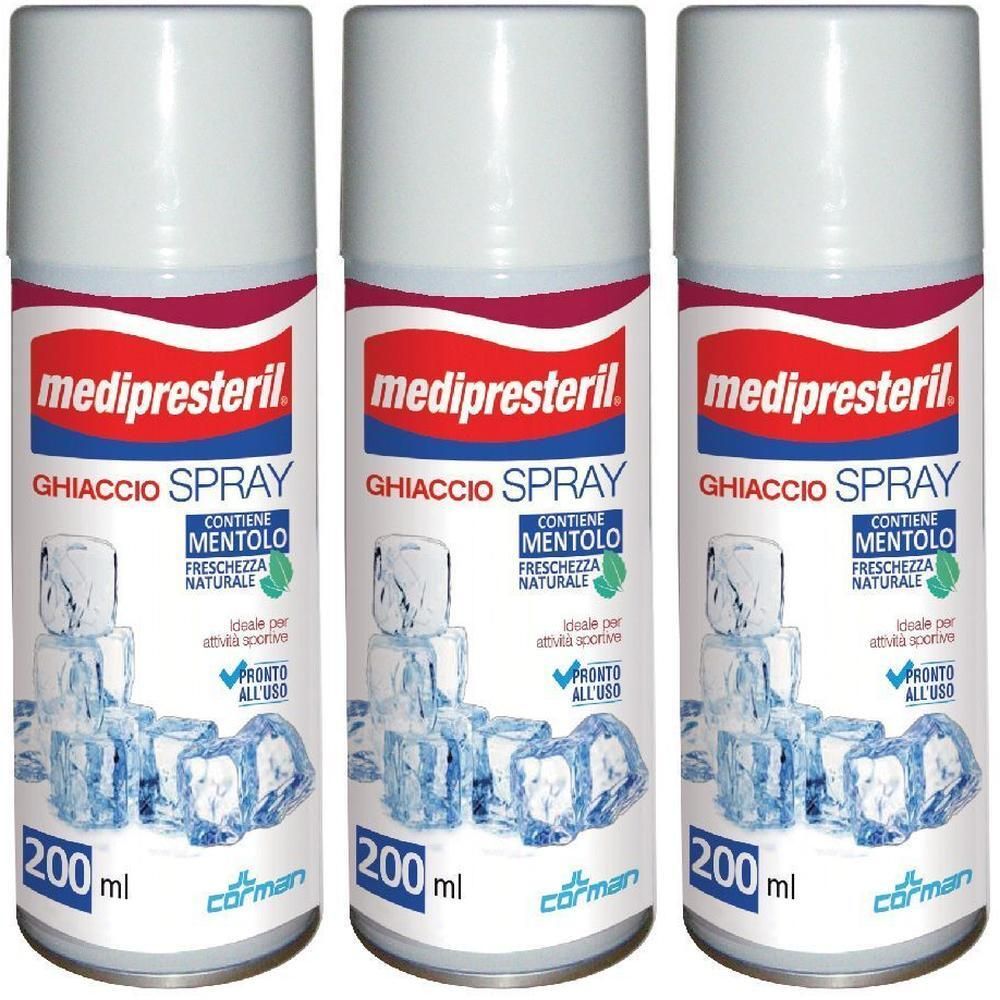 Tre bombolette spray "Medipresteril Ghiaccio Spray" con mentolo, 200ml.