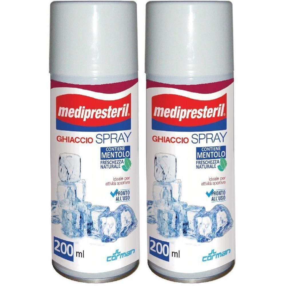 Due bombolette spray "Medipresteril Ghiaccio Spray" con mentolo, 200ml.