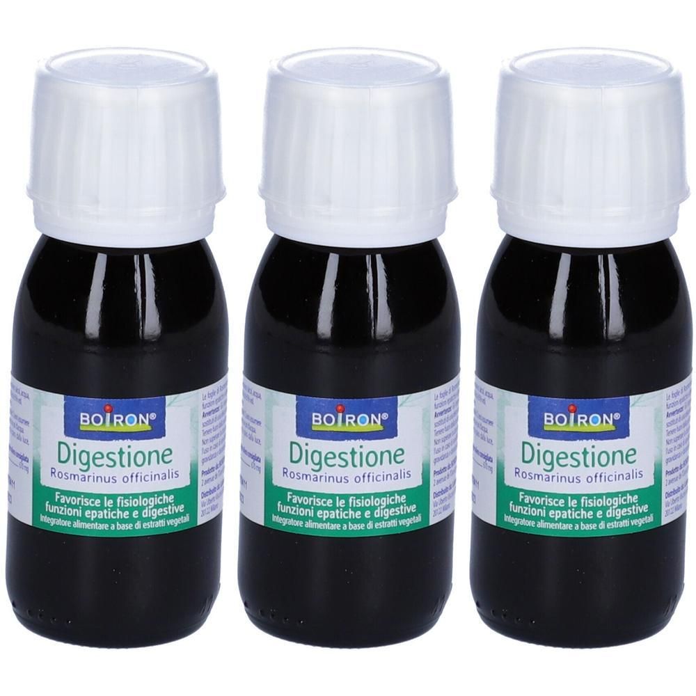 Tre flaconi BOIRON Rosmarinus officinalis Digestione con tappi bianchi.