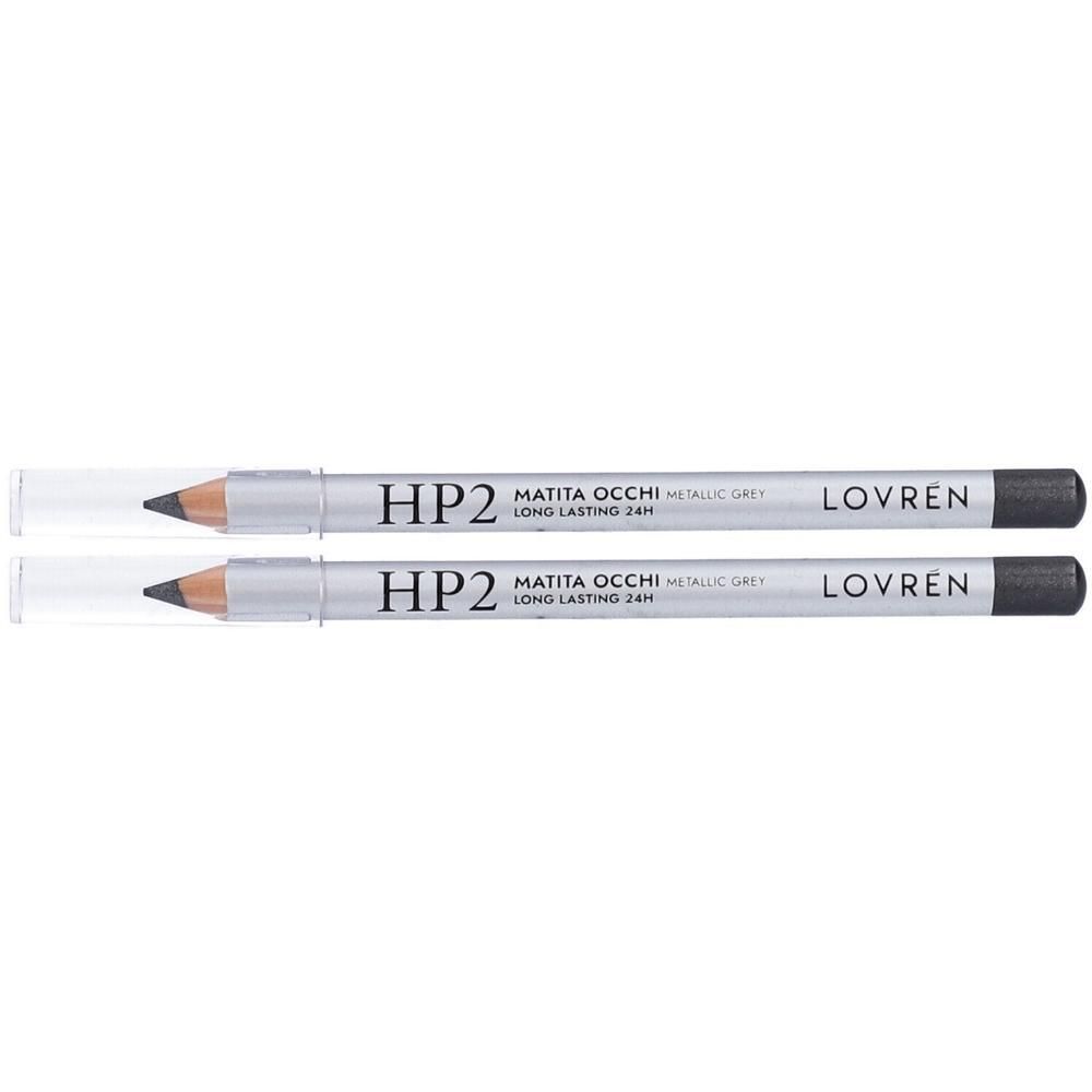 Due matite occhi argentate con cappucci trasparenti. Scritta: HP2 MATITA OCCHI METALLIC GREY LONG LASTING 24H LOVRÉN.