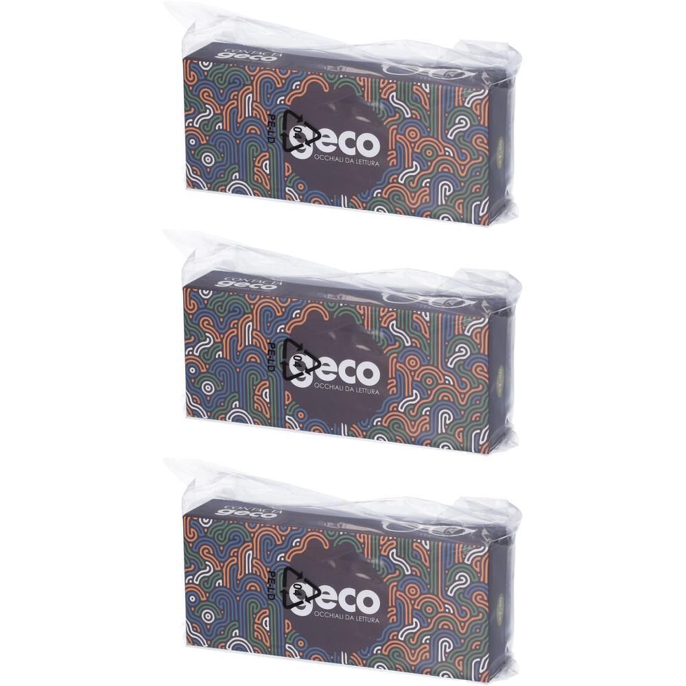 Tre confezioni di lenti a contatto con logo Geco e motivo colorato, avvolte in plastica.