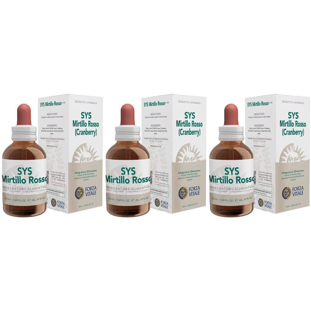 Tre flaconi di SYS Mirtillo Rosso (Cranberry) con contagocce e scatole. Flaconi in vetro marrone con etichette.