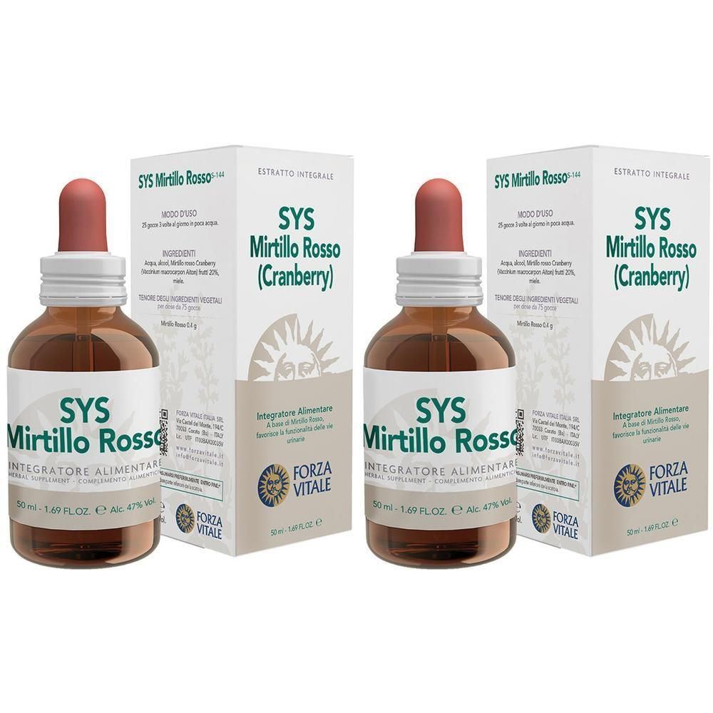 Due flaconi di SYS Mirtillo Rosso (Cranberry) con contagocce e scatole. Flaconi in vetro marrone con etichetta bianca.