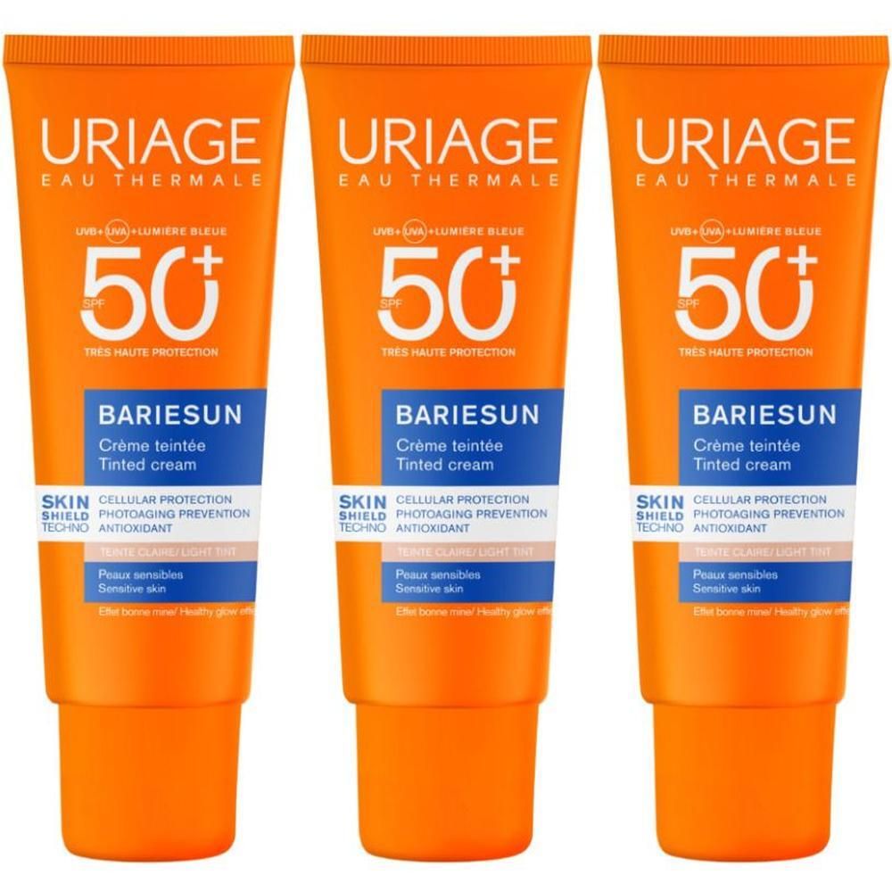 Tre tubi di crema colorata URIAGE Bariésun SPF50+ affiancati.