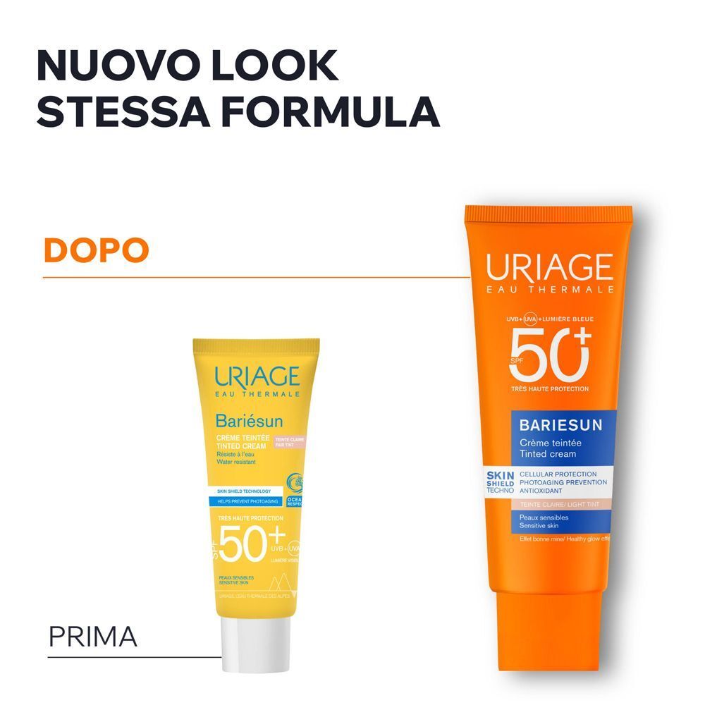 Confronto tra vecchio e nuovo packaging della crema colorata URIAGE Bariésun SPF50+.