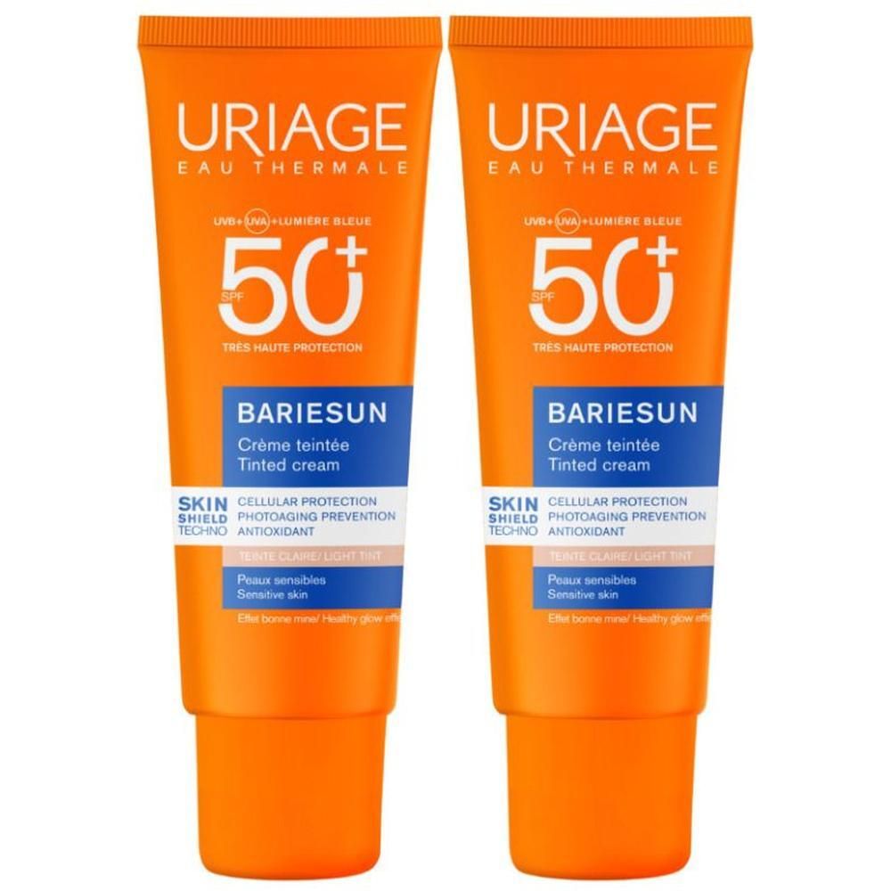 Due tubi di crema colorata URIAGE Bariésun SPF50+ tonalità chiara per pelli sensibili.