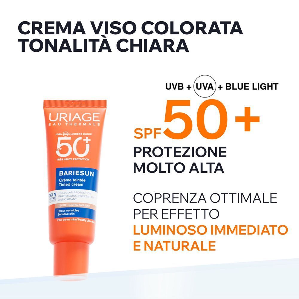 Crema colorata URIAGE Bariésun SPF50+: Alta protezione UV e luce blu, per un incarnato luminoso.