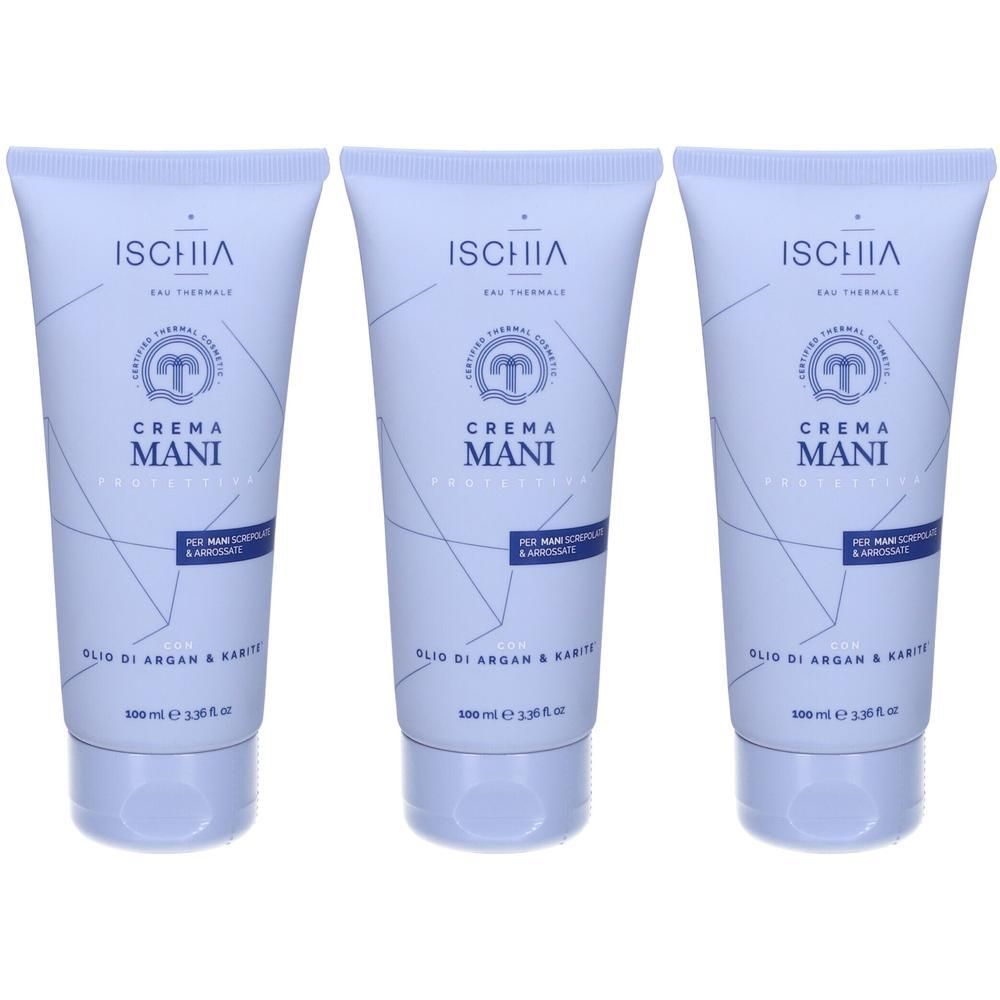 Tre tubi di crema mani Ischia con olio di argan e karité. Per mani screpolate e arrossate.
