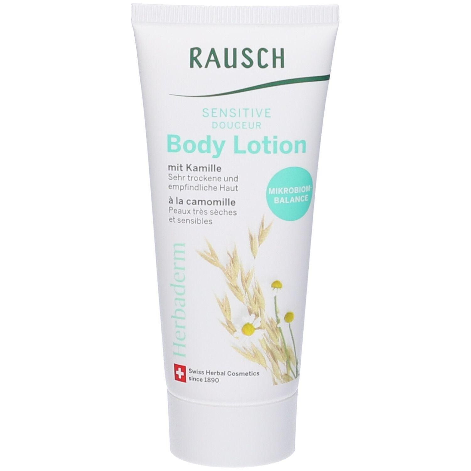 Lozione corpo Rausch alla camomilla per pelli sensibili. Estratti vegetali ed equilibrio del microbioma. Tubo bianco.