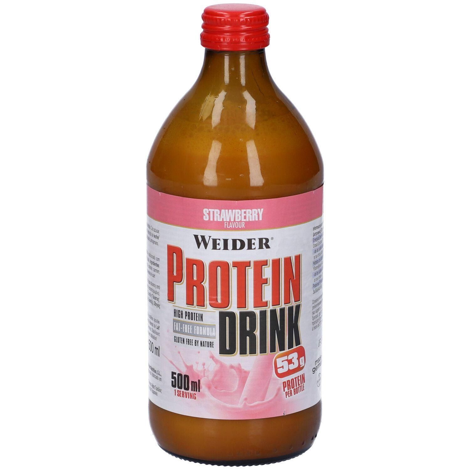 Weider Protein Drink al gusto fragola in bottiglia di vetro marrone con tappo rosso. 500ml.