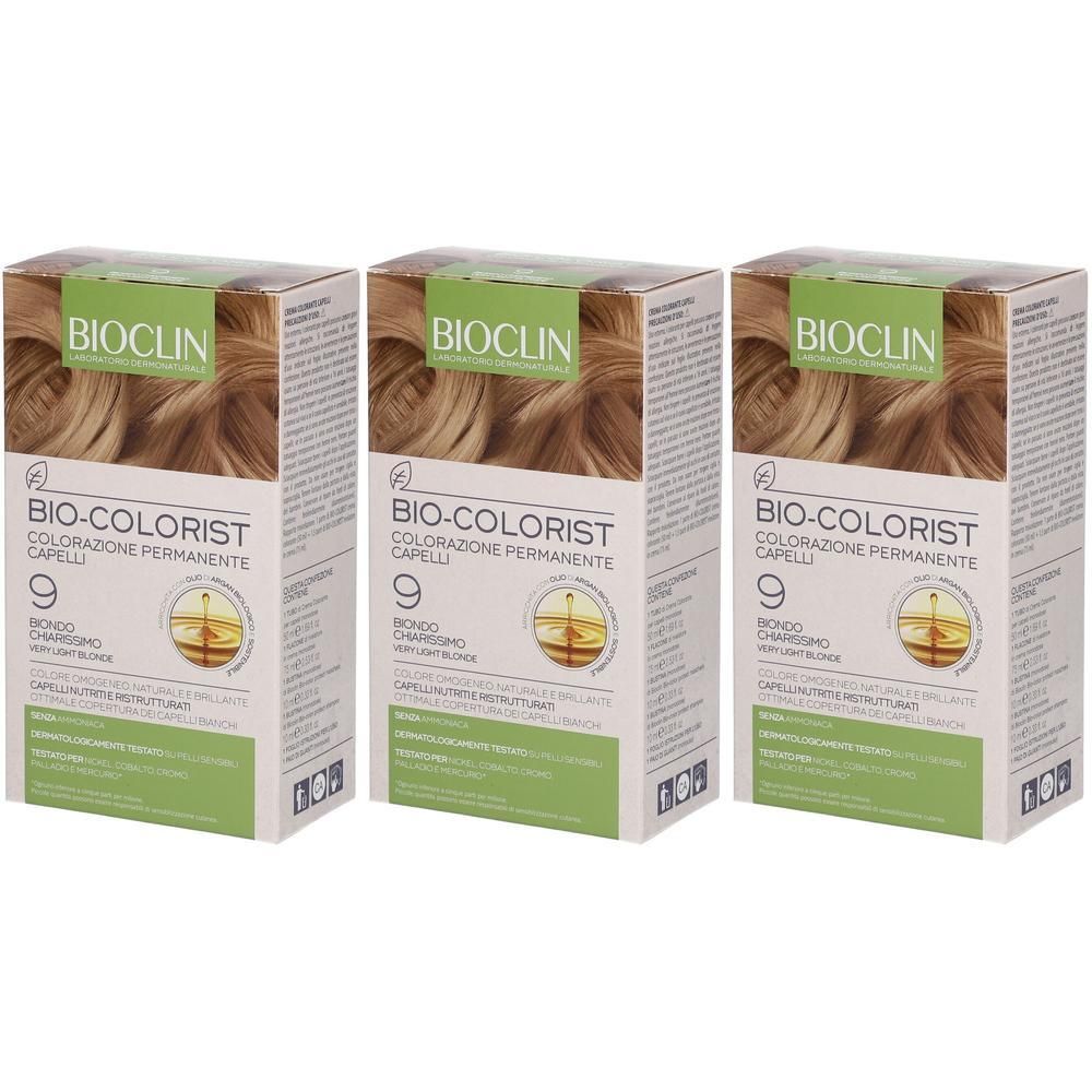 Tre scatole di tintura per capelli BIOCLIN BIO-COLORIST, tonalità 9 Biondo Chiarissimo.