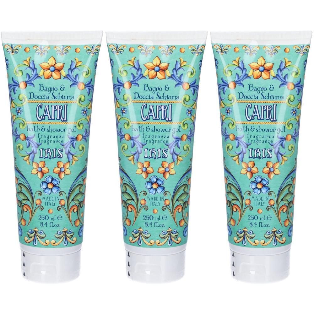 Tre tubi di bagnoschiuma e doccia Capri con motivo floreale. 250 ml.