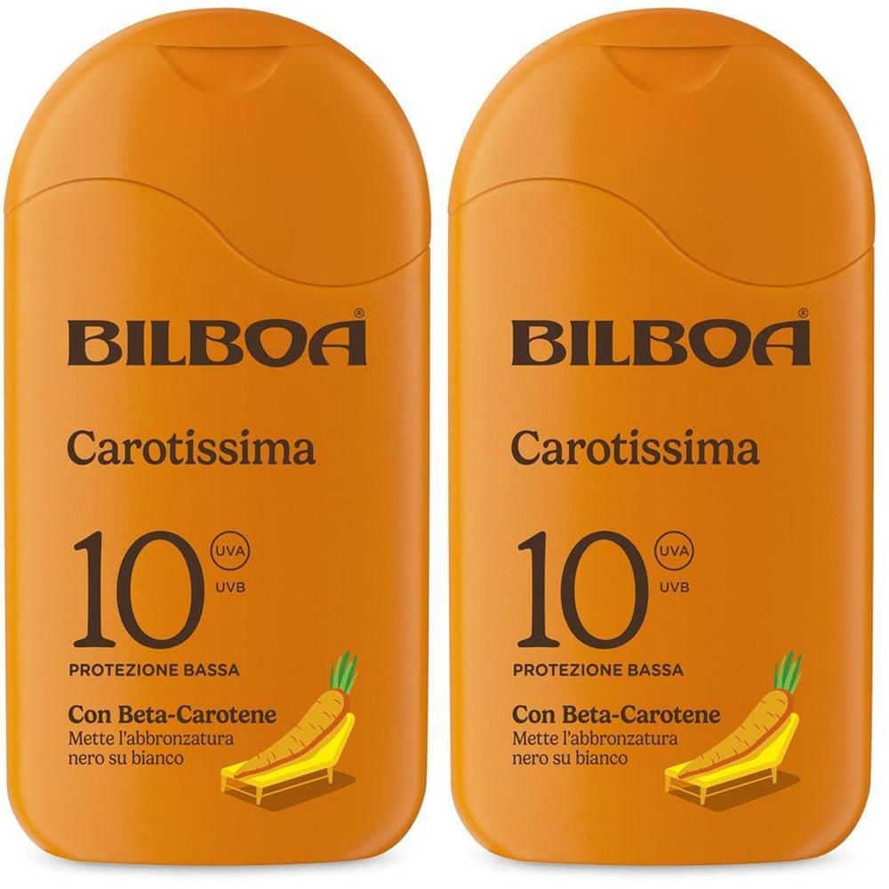 Due flaconi arancioni di protezione solare Bilboa Carotissima SPF 10.