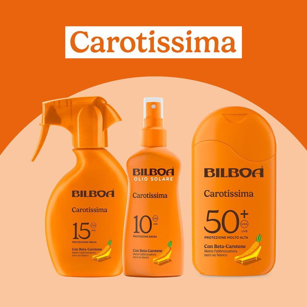 Tre prodotti Bilboa Carotissima: protezione solare SPF 15, 10 e 50+.