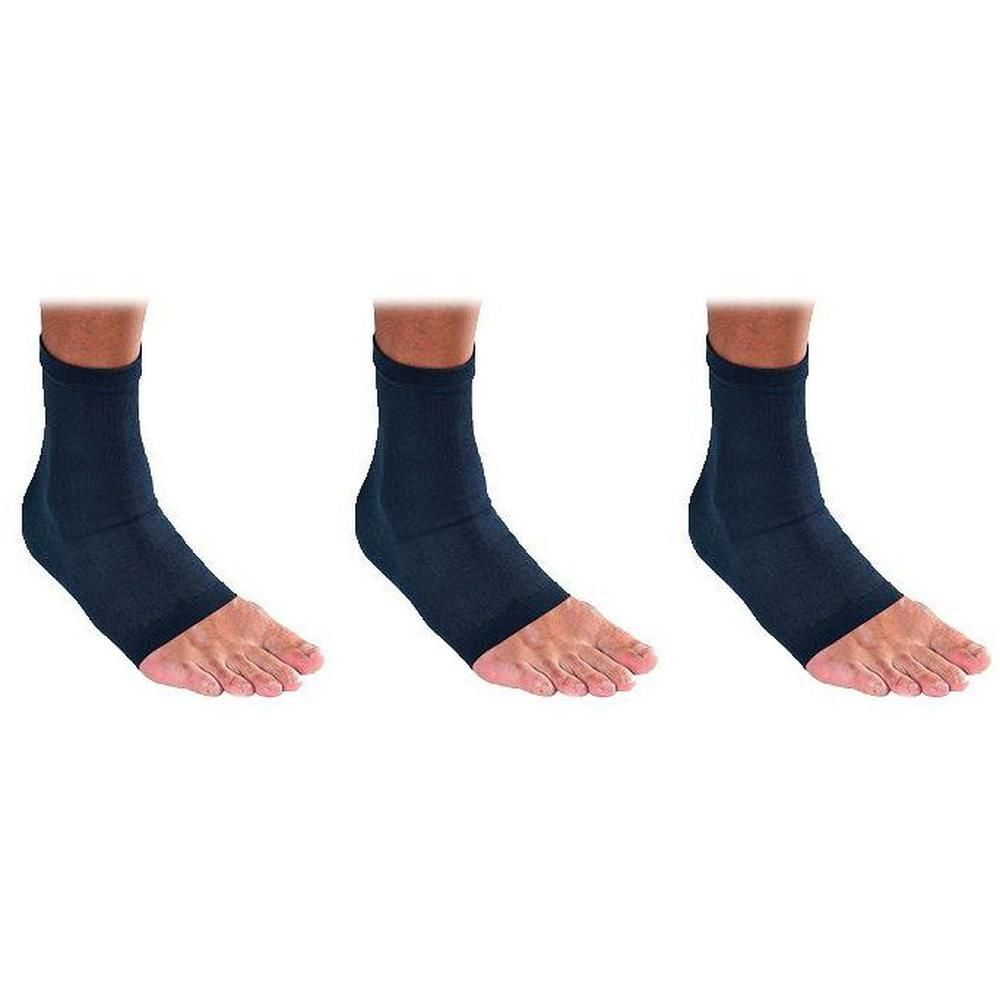 Tre cavigliere blu scuro per piedi con dita aperte.
