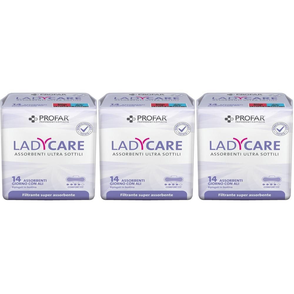 Tre confezioni di assorbenti Profar Ladycare, 14 per confezione, ultra sottili, con ali.