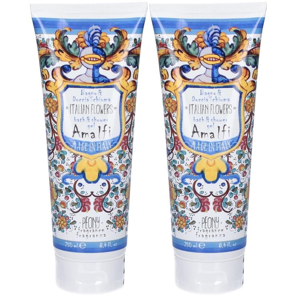 Due tubi di bagnoschiuma "Italian Flowers" Amalfi, 250ml, con design floreale.