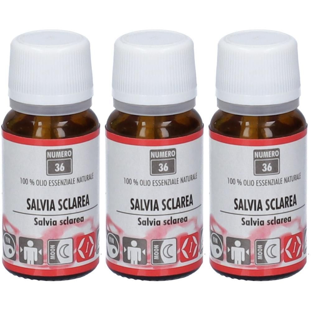 Tre flaconi in vetro ambrato con tappo a vite bianco. Etichetta con 'SALVIA SCLAREA'.