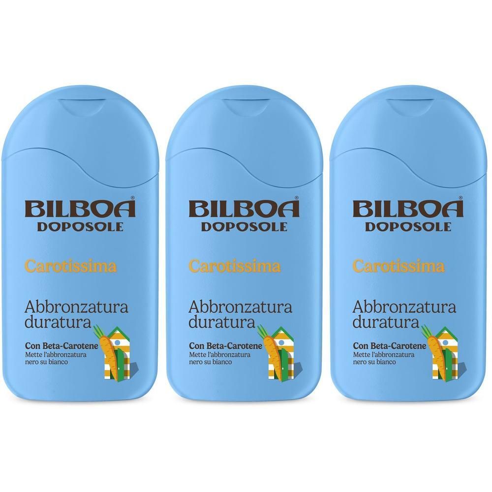 Tre flaconi blu Bilboa Doposole con Beta-Carotene.