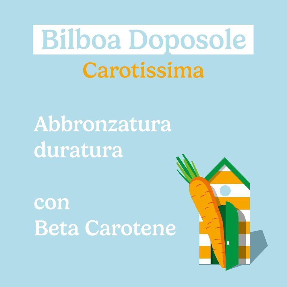 Flacone Bilboa Doposole Carotissima con carota e illustrazione di casa da spiaggia.