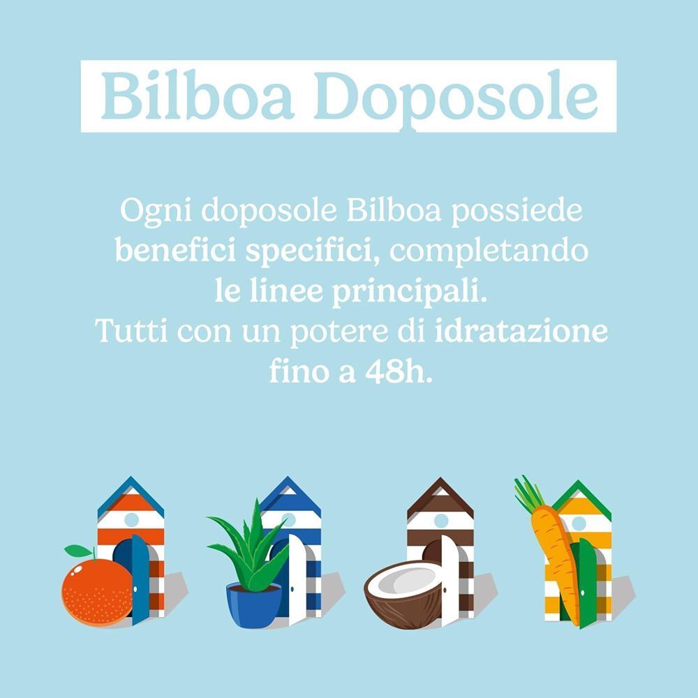 Flaconi Bilboa Doposole con illustrazioni di arancia, pianta, cocco e carota.