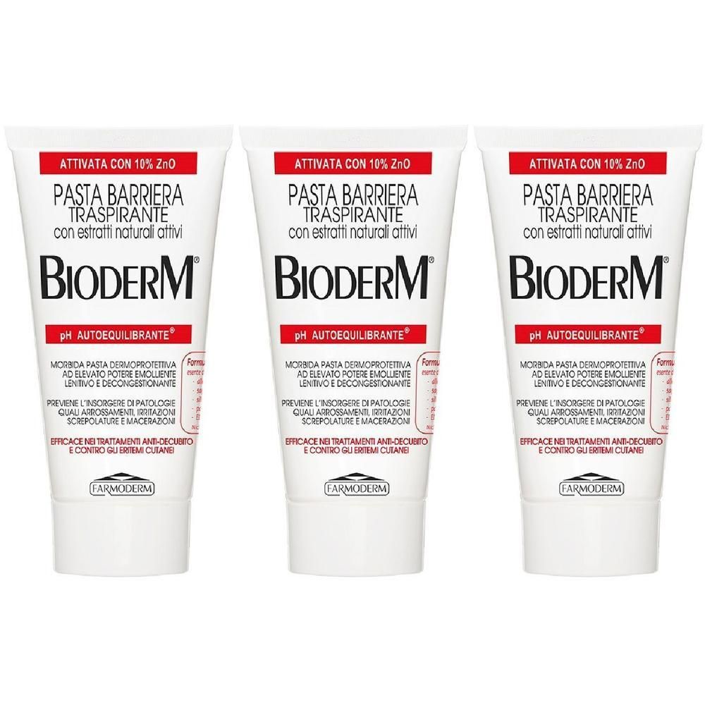Tre tubi di Bioderm Pasta Barriera con 10% di ossido di zinco ed estratti naturali.