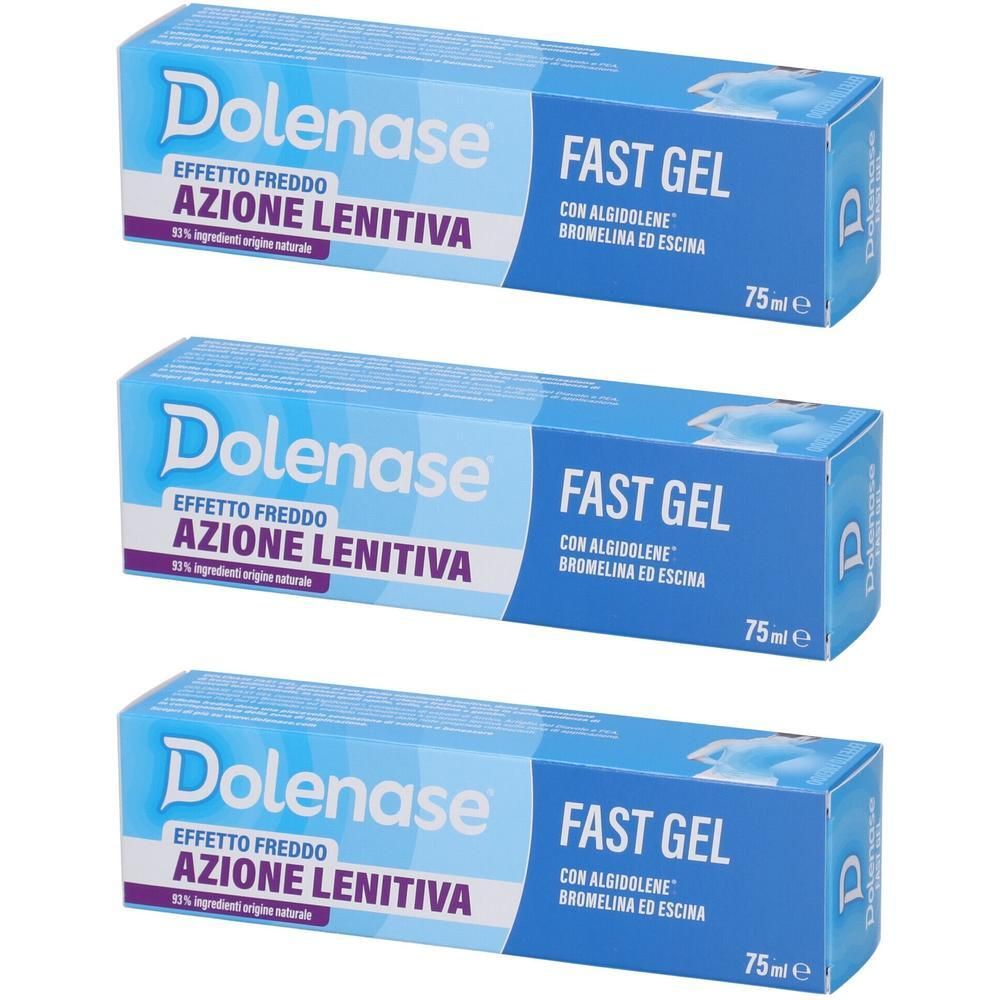 Tre confezioni di Dolenase Fast Gel da 75ml. Scatola blu con scritte bianche e viola.
