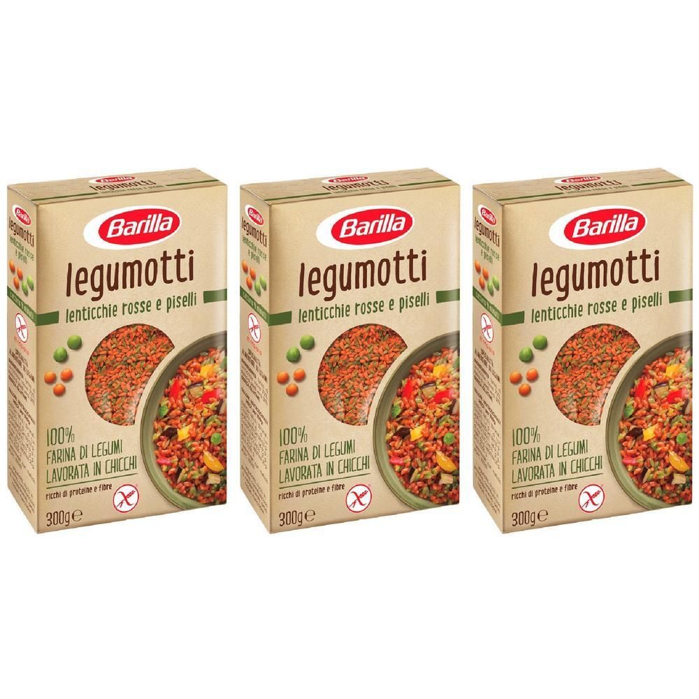 Tre confezioni di Barilla Legumotti con lenticchie rosse e piselli.