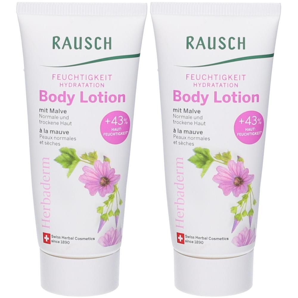 Due tubi di Lozione Corpo Rausch alla malva per pelli normali e secche. Con motivo floreale.