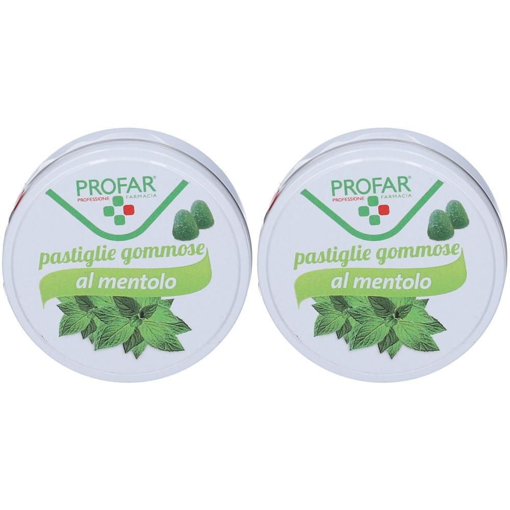 Due lattine di Profar Pastiglie Gommose al Mentolo con foglie di menta e caramelle.
