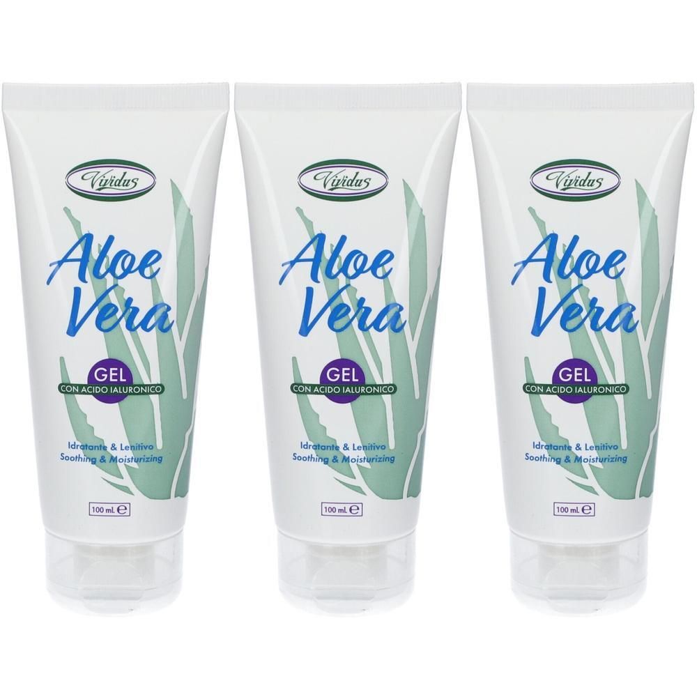 Tre tubi di gel di Aloe Vera con acido ialuronico. Effetto lenitivo e idratante.