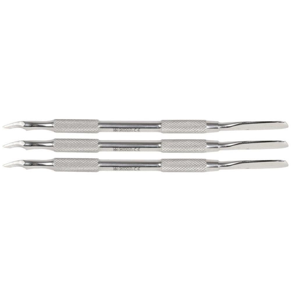 Tre strumenti per unghie in acciaio inossidabile con manici zigrinati e punte diverse per la cura delle unghie.