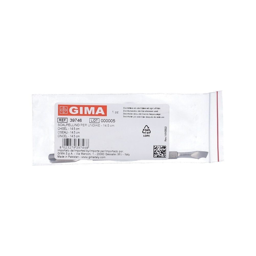 Scalpellino per unghie GIMA in confezione, 14,5 cm, con etichetta e marcatura CE.