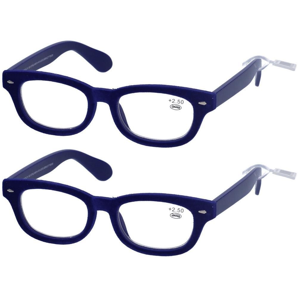 Due paia di occhiali da lettura blu, potenza +2,50. Montatura rettangolare.
