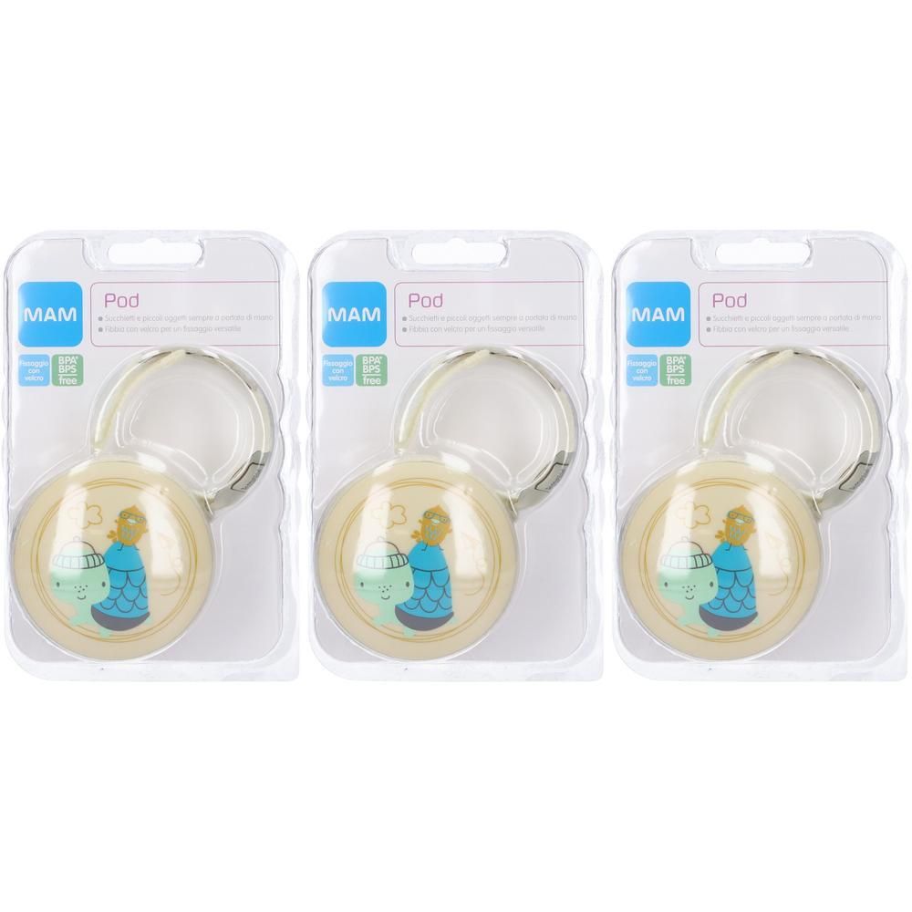 Tre MAM Pod in confezione singola, beige con motivo pesce blu.